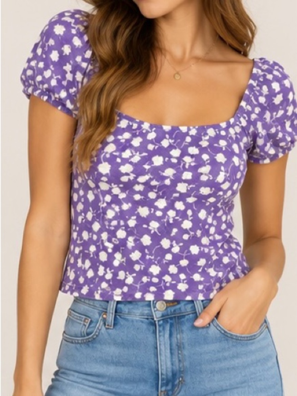 NWT LUQ Purple Floral Puff Sleeve Top Lavender M
